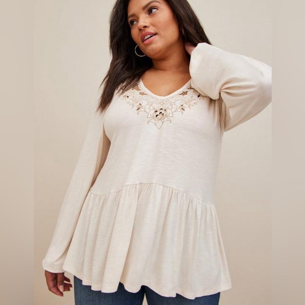 torrid Cream Embroidered Peplum Long Sleeve Top
